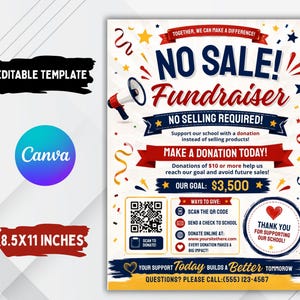 Puede incluir: Una plantilla de folleto de recaudación de fondos editable de 21,6x27,9 cm con un megáfono, confeti y el texto NO SALE! FUNDRAISER. Incluye secciones para una meta de $3,500, un código QR, instrucciones de donación y un mensaje de agradecimiento.