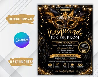 BEWERKBARE galaset, dansflyer uitnodigingsticket gemaskerd bal, goud glitter formeel gala, middelbare schoolevenement, zo., pta formeel maskersjabloon