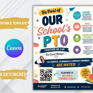 Puede incluir: Una plantilla de folleto editable de 21,6x27,9 cm para una asociación de padres con texto colorido, un gráfico de megáfono, un código QR y cuatro iconos circulares que explican cómo apoyar a los estudiantes y crear conexiones.
