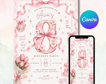 Uitnodiging voor een 8e verjaardag, roze strik, verjaardagskaart voor een jarig meisje, bewerkbaar Canva discofeest, meisjesachtige 8e verjaardag, printbare digitale download