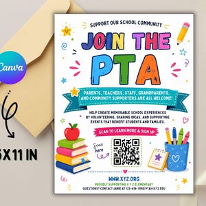 May include: A white 8.5x11 inch flyer titled JOIN THE PTA with colorful text, a stack of books topped with an apple, a pencil cup, and a QR code. The text reads: SUPPORT OUR SCHOOL COMMUNITY, PARENTS, TEACHERS, STAFF, GRANDPARENTS, AND COMMUNITY SUPPORTERS ARE ALL WELCOME! SCAN TO LEARN MORE & SIGN UP.