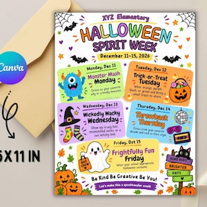 May include: A flyer titled XYZ Elementary Halloween Spirit Week for December 11-15, 2026, featuring colorful boxes for each day with themes like Monster Mash Monday and Frightfully Fun Friday, decorated with pumpkins, ghosts, and bats, measuring 8.5x11 inches.