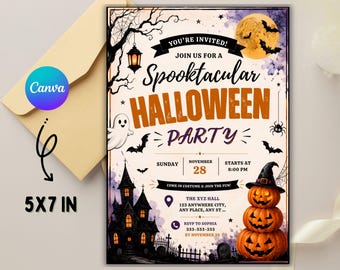 Uitnodiging Halloweenfeest, uitnodiging Halloweenfeest griezelige pompoen, Halloween-uitnodiging voor kinderen Canva-sjabloon