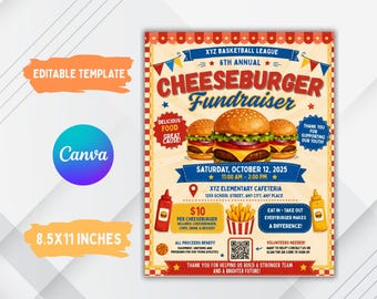 Bewerkbare cheeseburger fundraiser sjabloon flyer digitale 8,5 x 11 Birger Hamburger liefdadigheid Instant Download uitnodiging
