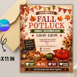 Op de afbeelding: Een 21,59 x 27,94 cm grote uitnodigingsflyer voor een herfstpotluck met herfstbladeren, vlaggetjes, een rode braadpan, pompoenen in een mand en een krijtbord. De tekst bevat evenementdetails, datum, tijd en contactgegevens.