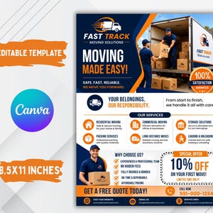 Könnte beinhalten: Eine Flyer-Vorlage für Fast Track Moving Solutions in Dunkelblau und Orange. Das Design enthält Text wie Moving Made Easy, 10% Off und Service-Details. Es misst 21,59x27,94 cm und ist in Canva bearbeitbar.