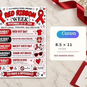 May include: A white flyer for Red Ribbon Week, 23-27 November 2026, featuring red ribbons, hearts, and a daily schedule of events. The flyer measures 21.59 x 27.94 cm and includes text for Monday through Friday activities, promoting healthy choices.