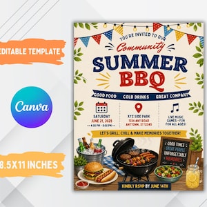 Puede incluir: Un folleto para una barbacoa comunitaria de verano, con banderines coloridos y el texto "SUMMER BBQ". Incluye la fecha, la hora y el lugar. La imagen muestra comida, bebidas y una parrilla. El folleto mide 21,6 x 27,9 cm.