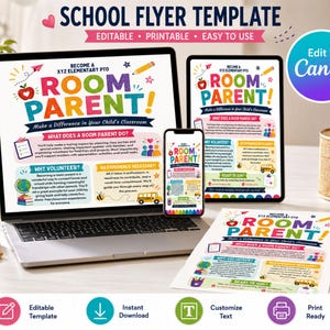 Könnte beinhalten: Eine digitale Schul-Flyervorlage für ein Elternvertreter-Programm, angezeigt auf einem Laptop, Tablet und Smartphone, neben einer gedruckten Kopie. Das Design enthält bunten Text, schulbezogene Grafiken wie einen Apfel, einen Globus und einen Bus sowie den Text "ROOM PARENT!" mit "Edit in Canva"-Branding.