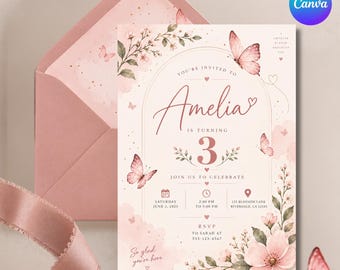 Vlinder verjaardagskaart, bloemen vlinder feestuitnodiging, roze tuin verjaardagskaart, bewerkbare Canva-sjabloon