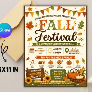 Könnte beinhalten: Ein rechteckiger 8,5x11 Zoll Flyer für das Roseland School Herbstfest. Der cremefarbene Hintergrund zeigt orange, grüne und braune Herbstblätter, Wimpelketten und Symbole für Essen, Musik und Basteln. Der Text enthält Veranstaltungsdetails.
