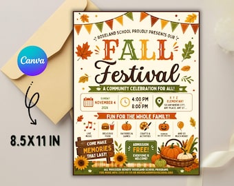 Sjabloon voor een flyer voor een herfstfestival: bewerkbare Canva-uitnodiging, printbaar voor een schoolevenement.