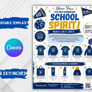 Op de afbeelding: Een bewerkbaar sjabloon voor een schoolflyer van 21,6x27,9 cm met blauwe en gouden afbeeldingen zoals een megafoon, pompon en wimpel. De flyer toont diverse kledingstukken zoals t-shirts, sweatshirts, hoodies, een tas, beker, waterfles, muts en baseballpet met prijzen en bestelgegevens.