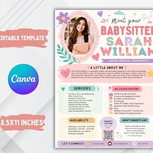 Può includere: Un modello di volantino per babysitter modificabile di 21,6x27,9 cm con una cornice per foto, il testo Meet Your Babysitter Sarah William, sezioni per servizi, competenze, qualifiche, disponibilità e un codice QR su sfondo chiaro.