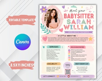 Bewerkbare oppas folder Canva sjabloon, kinderopvang CV, moderne oppas afdrukbare, DIY oppas zakelijke flyer