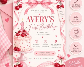 Uitnodiging voor de eerste verjaardag van een meisje met kersenmotief, roze strik, bewerkbare Canva babyverjaardagskaart, printbare digitale download
