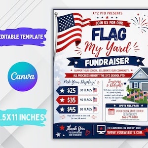 Peut inclure: Un modèle de flyer pour une collecte de fonds Flag My Yard avec un drapeau américain, du texte rouge, blanc et bleu, et des niveaux de prix pour 30, 40 ou 50 drapeaux. Le document de 21,59x27,94 cm inclut des infos scolaires et un graphique.