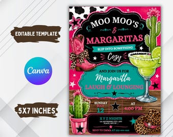 Uitnodiging voor een meidenavondje met Moo Moos & Margaritas, luipaardprint, bewerkbare sjabloon, tropische uitnodiging voor een vrijgezellenfeest, digitale download