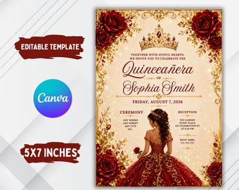 Elegante uitnodiging voor quinceañera, bewerkbare sjabloon voor uitnodiging voor Sweet 15, roodgouden bloemen quinceañera, uitnodiging voor mis kweepeer, uitnodiging voor quinceanera