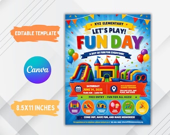 Opblaasbare leuke dag-flyersjabloon | Evenementflyer bouncehuis | Poster Schoolvelddag | Bewerkbaar canvas | PTA PTO-evenementenflyer