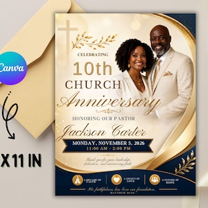 May include: A 8.5 x 11 inch church anniversary invitation flyer featuring a gold and navy blue color scheme. It displays a photograph of a couple, a cross, gold leaf accents, and text reading Celebrating 10th Church Anniversary Honoring Our Pastor Jackson Carter, Monday, November 5, 2026, 11:00 AM - 2:00 PM, and additional event details.