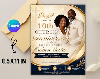 Sjabloon voor een kerkjubileumprogramma in wit en goud, bewerkbaar dubbelgevouwen ontwerp (8,5 x 11 inch), programma ter ere van de kerk, viering van het geloof tijdens een jubileum.