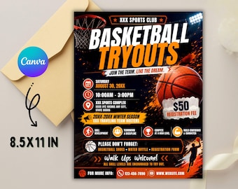 Editable Basketball Tryout Flyer Template, Youth Sports Registration (Canva)