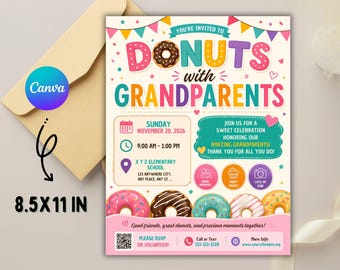 Flyer 'Donuts met grootouders', bewerkbare uitnodiging voor een ontbijtbrunch op grootouderdag (Canvas-sjabloon)