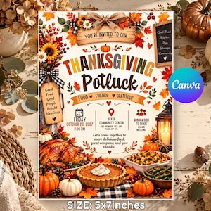 May include: A Thanksgiving potluck invitation flyer measuring 5x7 inches featuring autumn leaves, sunflowers, a roasted turkey, a pumpkin pie, and text reading "You're Invited To Our Thanksgiving Potluck" with event details for October 20, 2027.