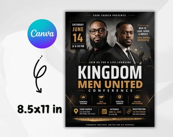 Mannendag conferentie kerk flyer sjabloon-bewerkbaar canva-Men Of Faith Fellowship-kerk ministerie evenement-modern zwart-wit-digitale download