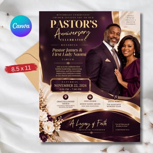 Puede incluir: Un folleto para la celebración del aniversario de un pastor con la foto de una pareja, curvas abstractas doradas y moradas oscuras, y detalles florales blancos. El texto incluye detalles del evento, la fecha 22 de noviembre de 2026 y la ubicación.