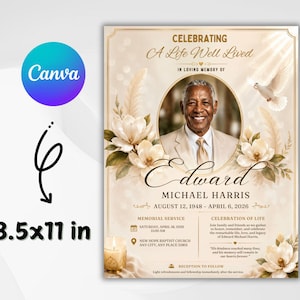 May include: A memorial service program template measuring 8.5x11 inches, featuring a portrait of a man, white magnolia flowers, feathers, and a flying dove. The text reads Celebrating A Life Well Lived, In Loving Memory of Edward Michael Harris.