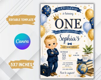 Uitnodiging voor de eerste verjaardag van de kleine baas, blauwgouden sjabloon voor een toekomstige CEO (digitale download)