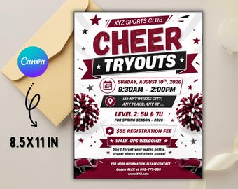 Flyer voor cheerleading-audities: bewerkbare sjabloon voor schoolteamevenementen