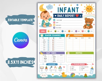 Sjabloon dagelijkse rapport baby's bewerkbaar Canva kinderdagverblijf Babydagblad afdrukbaar formulier kinderopvang baby rapport digitale download
