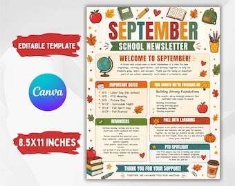 Bewerkbare Canva-sjabloon voor een nieuwsbrief over de start van het schooljaar, september, communicatie met ouders van kinderen in de kinderopvang (digitale download)