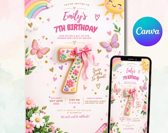 Uitnodiging voor een 7e verjaardag, regenboogvlinder verjaardagskaart voor een meisje, bewerkbare Canva-uitnodiging voor een 7e verjaardagsfeestje voor meisjes, printbare digitale download
