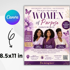 Può includere: Un volantino per la conferenza Women of Purpose che misura 21,59x27,94 cm. Il design presenta tre persone, accenti floreali viola e farfalle. Il testo include i dettagli dell'evento, la data del 21 giugno 20XX, l'orario e un codice QR.