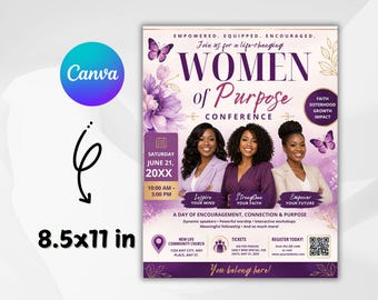 Flyer vrouwenconferentie kerk sjabloon-Womens Ministry Fellowship-Womens Month-Church Retreat-Empowerment evenement-roze bloemen-bewerkbaar canvas