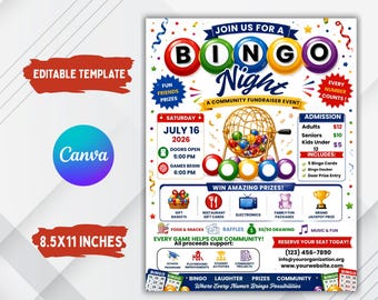 Bewerkbare sjabloon voor bingoavond-flyer: uitnodiging voor schoolinzamelingsactie (8,5 x 11 inch, pdf-download)