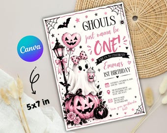 Spookjes willen gewoon één zijn - Uitnodigingssjabloon voor een eerste verjaardag, bewerkbare Canva-uitnodiging voor mobiel, Halloween-verjaardagskaart voor meisjes