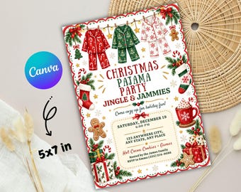 Uitnodiging kerstfeest pyjama, pyjama-uitnodiging, uitnodiging kerstfeest, uitnodiging kerstfeest, kerstfeest, bewerkbare canvassjabloon