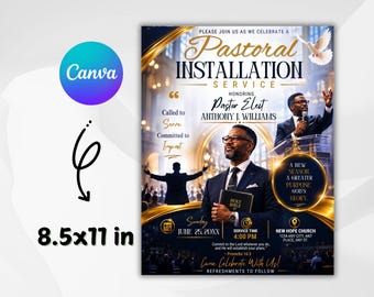 Pastorale installatie Kerkprogramma Canva-sjabloon-bewerkbaar in tweeën gevouwen brochure-pastor Appreciation Service-uitnodiging-Gold Black-Church-evenement