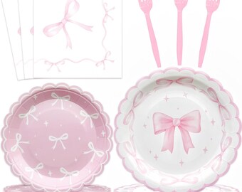 178PCS Coquette Pink Bow Party Set - Plates, Napkins  Tableware for 24 Guests,