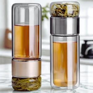 Garrafa infusora de chá, copo de vidro borossilicato de parede dupla, 420ml, filtro embutido, design minimalista reutilizável para viagens