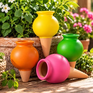 Op de afbeelding: Vier keramische plantenwatergevers met bolvormige reservoirs in felgeel, oranje, groen en roze. Elke eenheid heeft een brede, open bol bevestigd aan een taps toelopende, ongeglazuurde terracotta punt voor in de aarde.