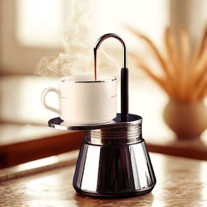 Può includere: Una caffettiera espresso cromata con una tazza bianca. Il caffè caldo scorre nella tazza e si alza il vapore. La tazza è posizionata su una piccola piattaforma rotonda sopra la caffettiera.