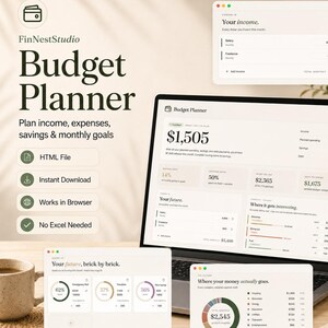Plantilla de planificador de presupuesto, registro mensual de presupuesto y gastos, registro de ingresos, panel de control de objetivos de ahorro, planificador financiero digital.