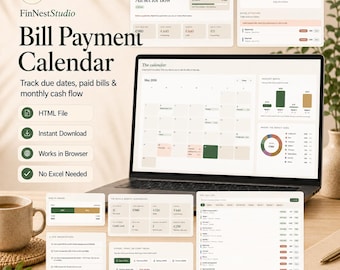 Calendario de pago de facturas, Rastreador de facturas mensuales, Planificador de fechas de vencimiento, Lista de verificación de pagos, Panel de control de presupuesto, Descarga digital