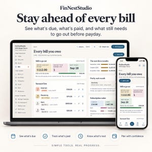 May include: A digital budget planner interface displayed on a laptop screen and a smartphone. The screen shows a dashboard titled Every bill you owe with sections for bills, payment status, and upcoming expenses, featuring text by FinNestStudio.